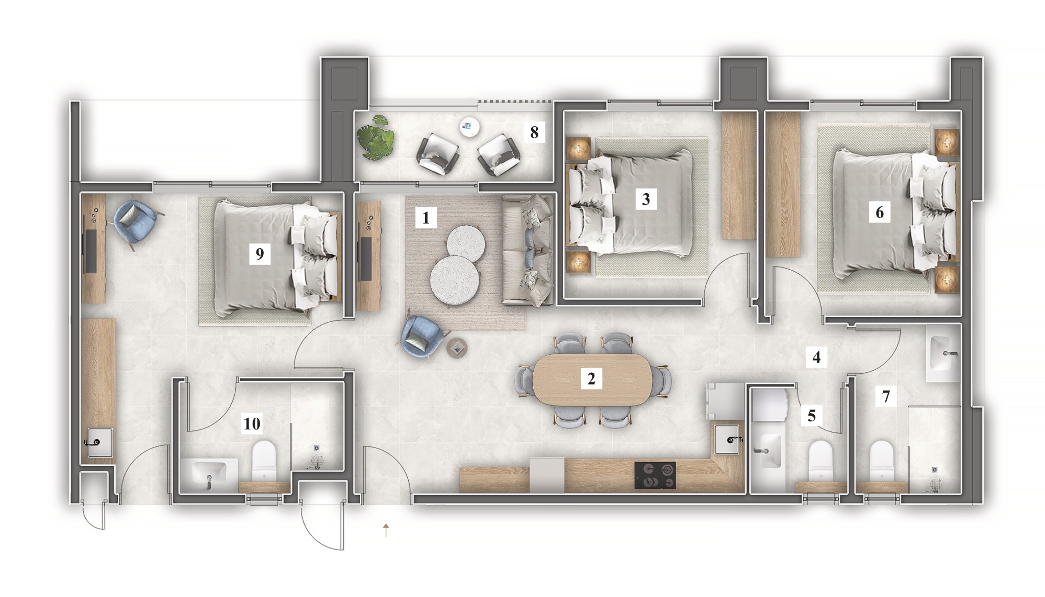 3-bedroom plus 2 keys apartment floor plan